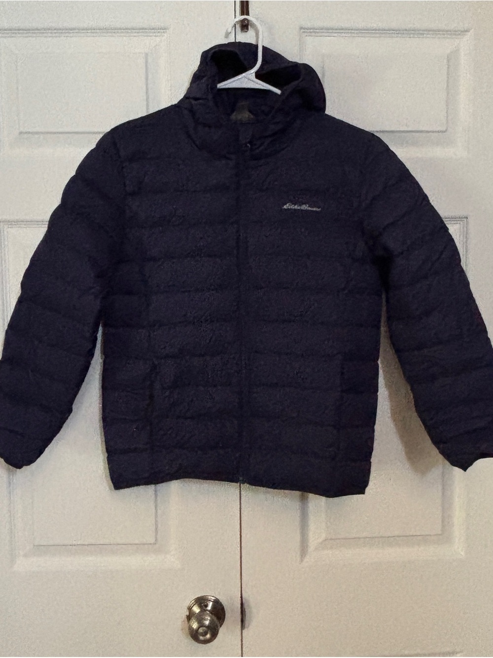 Eddie Bauer Boys L 14 Navy Duck Down Hooded Puffer Jacket